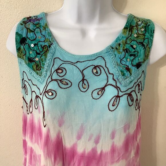 Vintage Blue Tie Dye Fairy Hippie Boho Embroidered Festive Mini Dress Large - Picture 2 of 9